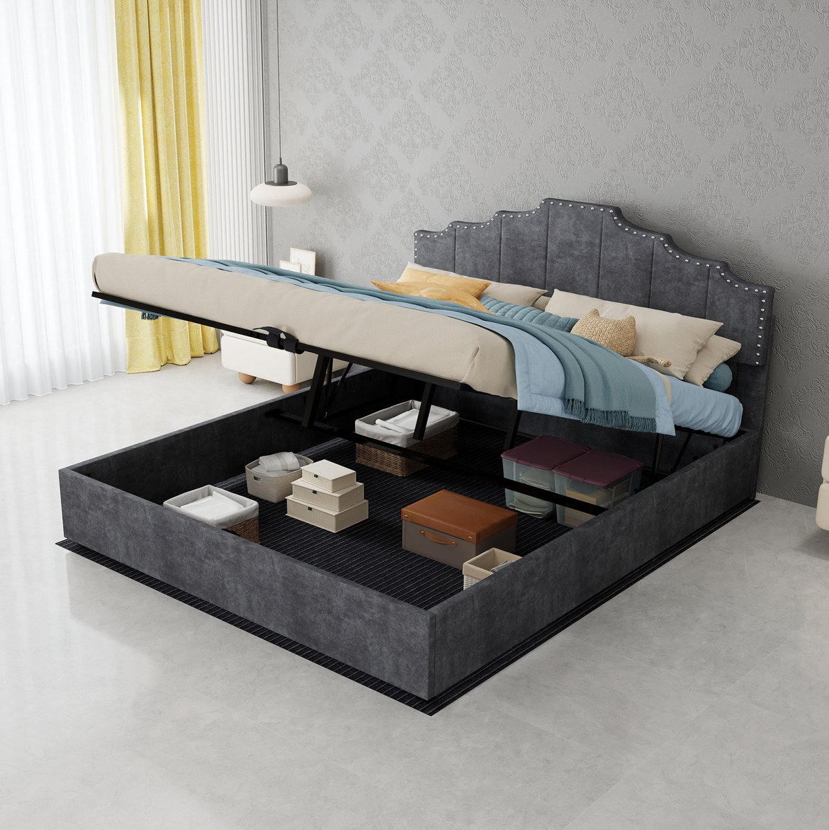 DESMIU Gestoffeerd Bed 160x200 cm – Zacht Hoofdbord Met Geometrisch Design – Liftmechanisme Met Opbergruimte – Tweepersoons Zonder Matras – Stof Grijs