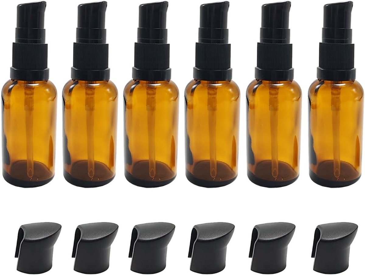6 Stuks 30ML Lege Amber Glazen Pompflessen voor Cosmetica, Make-up, Lotion en Serum Opslag