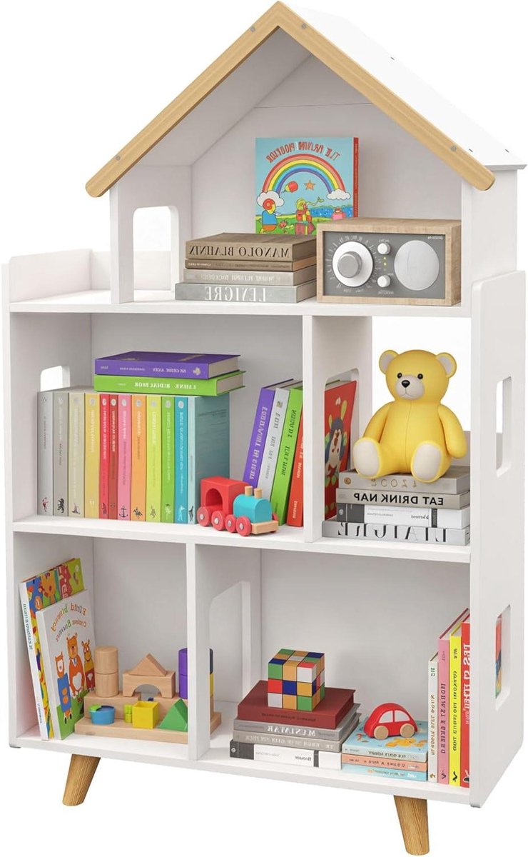 Opbergrek Kinderen - Boekenkast Speelgoed - Kamer Organiseren - Huisvorm Design - 65 x 108.5 cm - Wit Natuur