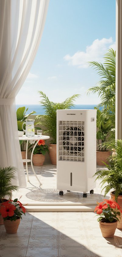 Witte HAUSBERG aircooler met wieltjes, op een terras met planten en uitzicht op zee.