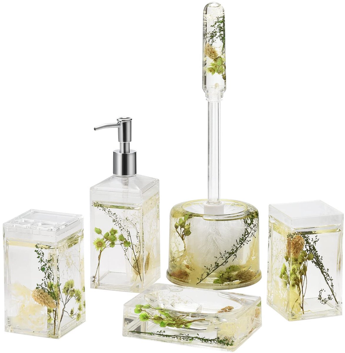 SnelShoppen - 5 Stuk Acryl Vloeibare 3D Drijvende Motion Badkamer Accessoire Set met Groene Planten voor een Moderne Badkamer