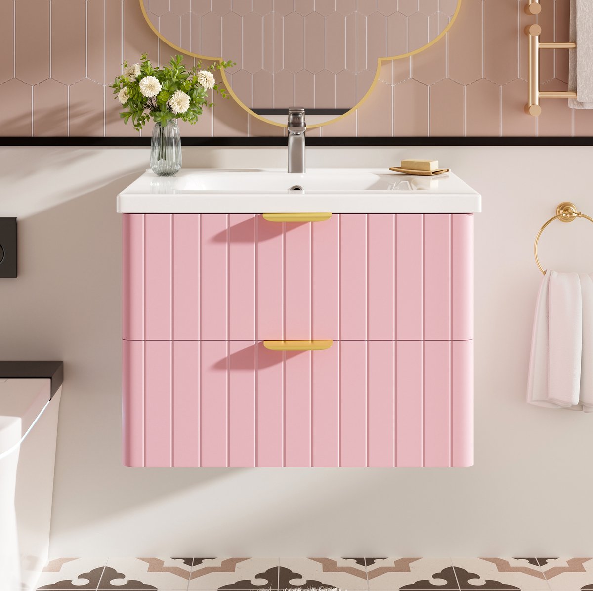 MODENUIT Badkamermeubel - Hangende Wastafelkast Met 2 Lades - MDF En Keramiek - Roze/Wit - 60,5x47,5x47 cm