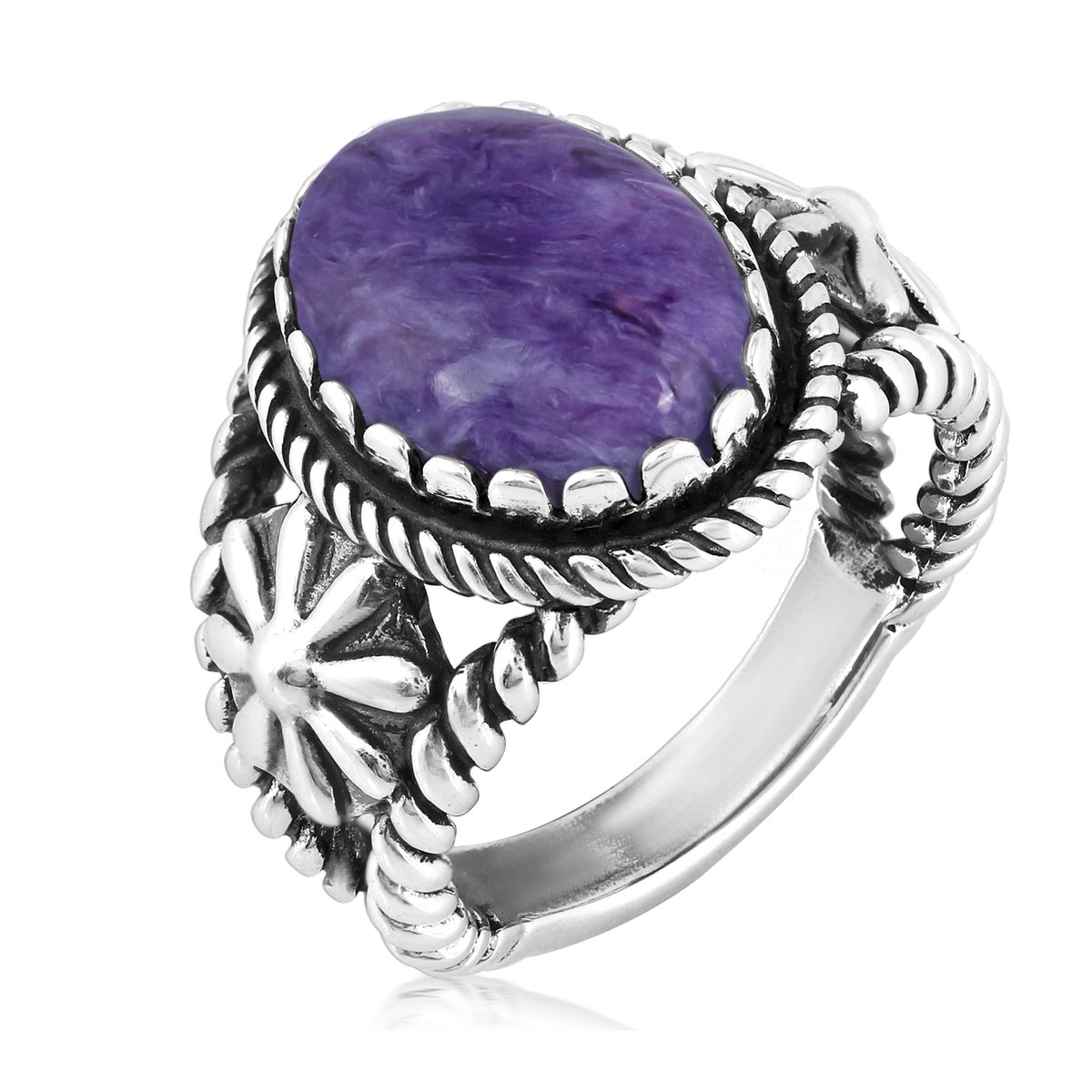Cavill - Rustieke Statement Ring - 925 Sterling Zilver met 4,95 ct Ovale Paars Charoiet Cabochon - Handgemaakt Geoxideerd Filigraan