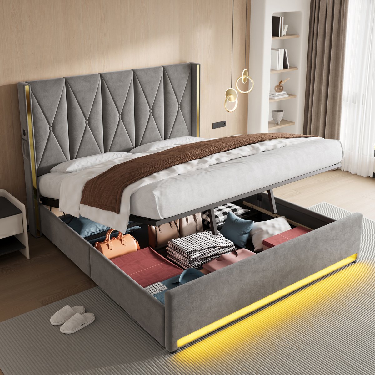 REDOM - Bed - Hoog gewatteerd hoofdbord - Opbergruimte met hydraulisch liftsysteem - USB en LED - Velours - Donkergrijs - 180 x 200 cm
