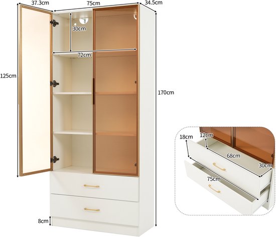 COVREO Badkamerkast 75 x 34,5 x 170 cm wit, MDF met lichtstrip en glasdeur — afbeelding 3