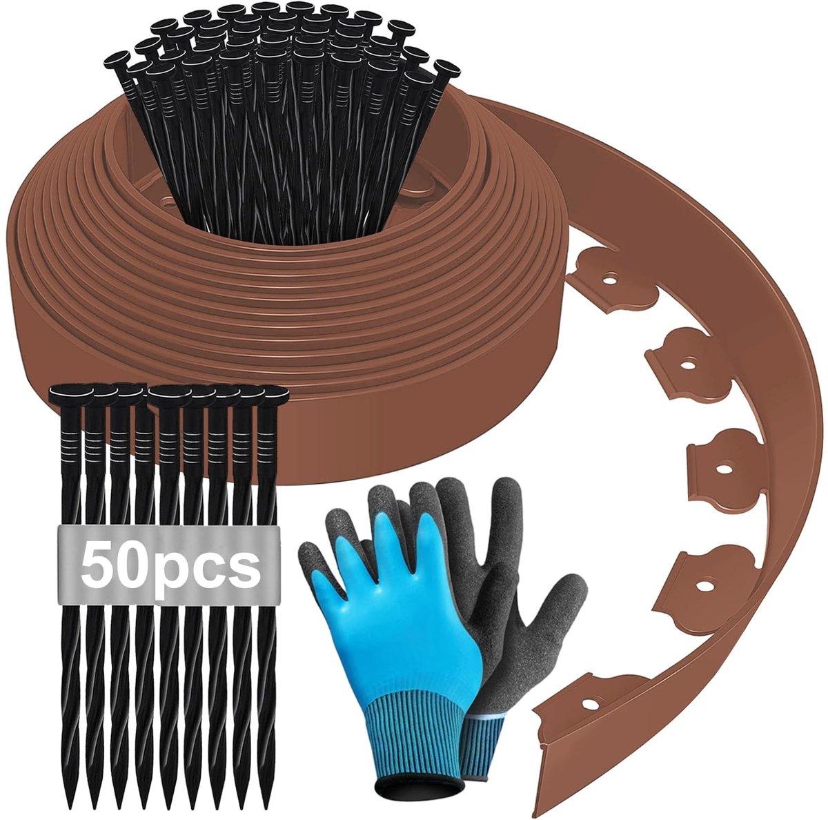 SnelShoppen - 10 m x 10 cm Flexibele Gazonrand van Kunststof, Bloembedrand, Maaikant met Grondankers en Handschoenen, Bruin voor Tuin en Bestrating