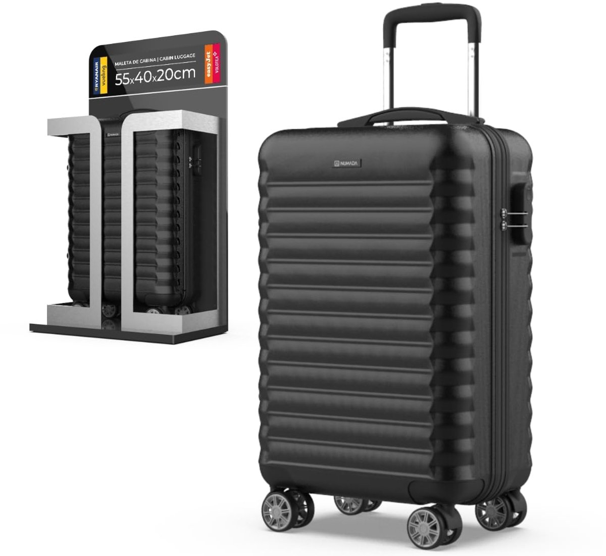 SnelShoppen - NUMADA Upfly XS Reiskoffer 55x36x19 cm - Lichtgewicht Koffer met Cijferslot, 4 Dubbele Wielen 360 Graden, Robuust en Ruim Binnenvak - Zw