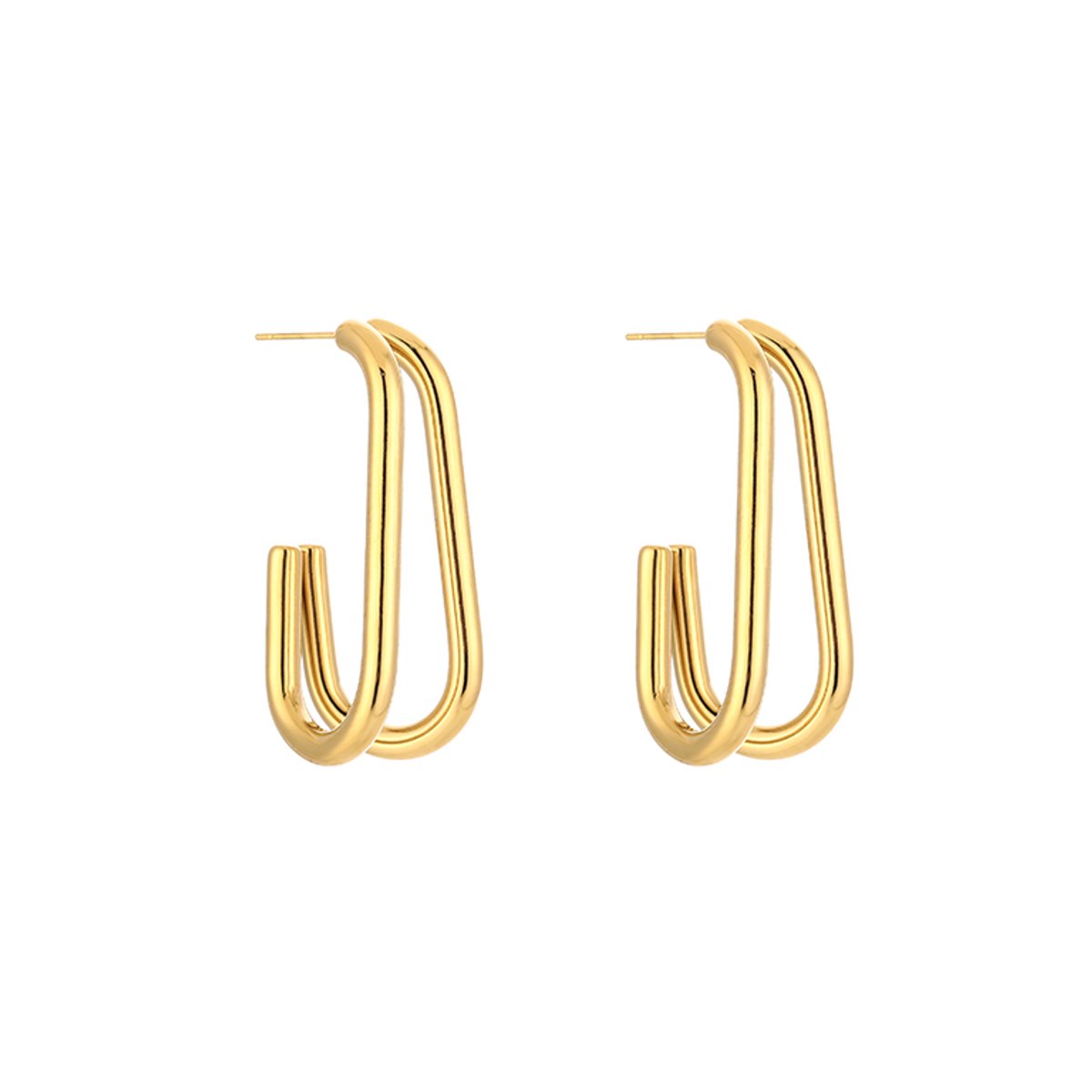 Stainless Steel Elongated Double Line Drop Hoops – Luxe Langgerekte Dubbele Lijn Oorstekers – RVS - Goud