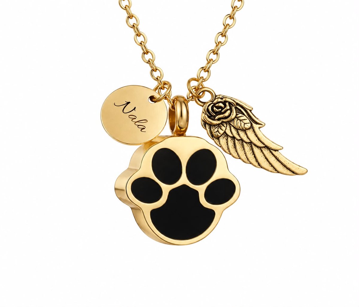 Ashanger Hondenpoot met vleugel | Ashanger met bedels | Goud | Ashanger Hond inclusief Graveren | Ashanger met munt en vleugel | Petshop Seven