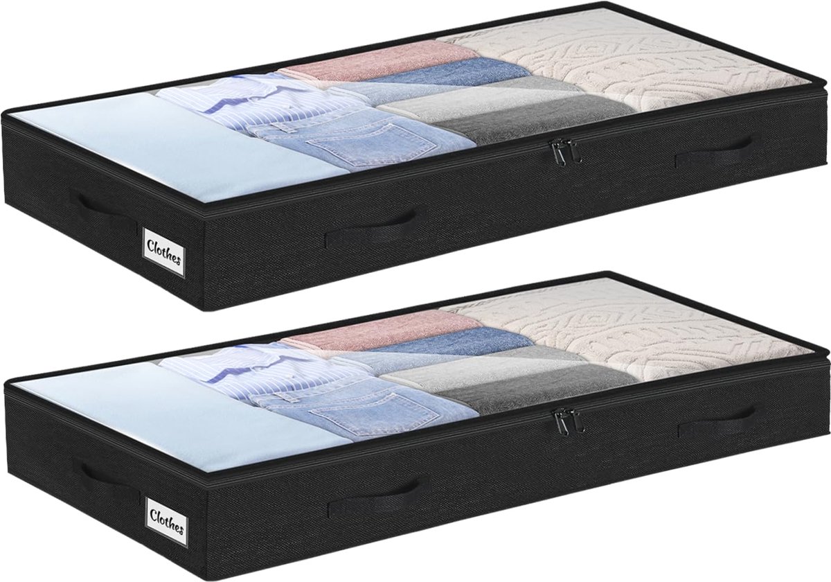 SnelShoppen - Opbergzakken voor onderbed, 2 stuks, 10 cm hoog, grote opbergdoos met ritssluiting, opvouwbare kledingkastopbergorganizer met doorzichti