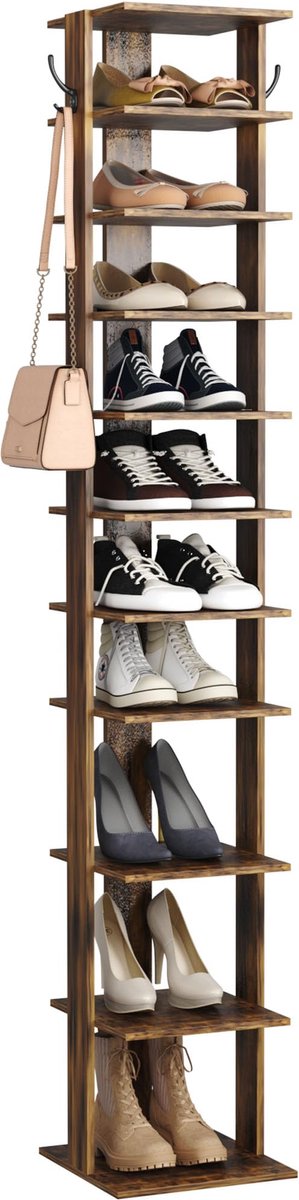 SnelShoppen - HOME BI Verticale Schoenenrek met 10 Niveaus, Hoekschoenentoren, Slanke Schoenenorganizer in Hout, Bruin, Inclusief 2 Hangende Haken voo