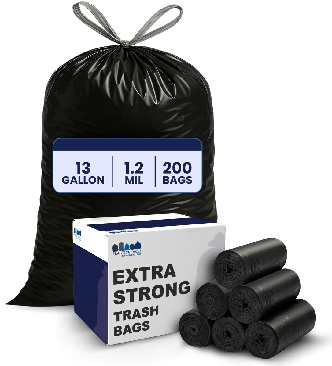 SnelShoppen - Extra lange plastic afvalzakken met trekkoord - 13 gallon - Zwart - 200 stuks - Perfect voor feest, camping, tuin, keuken en meer