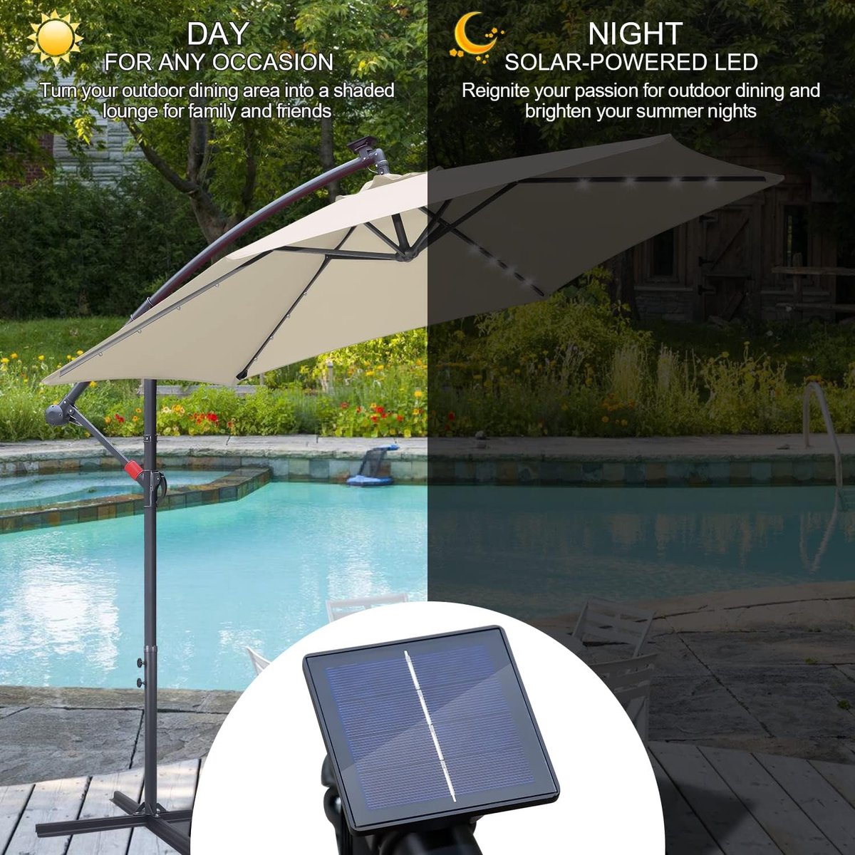 Zweefparasol - Tuinscherm Zonnescherm - Buiten Ontspannen - Geïntegreerde LED Verlichting - 350cm Diameter - Beige – foto 6