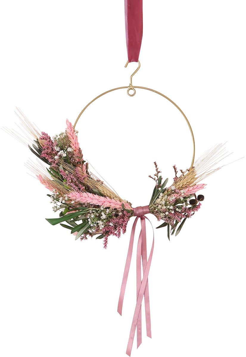 SnelShoppen - BloomRing Roze DIY Brievenbus Droogbloemen - Metalen Ring, Fluwelen Lint, Natuurlijk Touw - Uniek Creatief Cadeau voor Huis en Feest