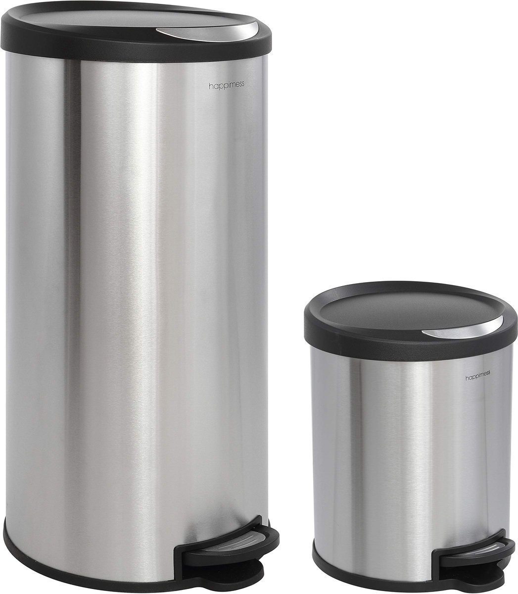 SnelShoppen - Oscar Ronde 30-Liter Stap-Open Prullenbak met GRATIS Mini Prullenbak voor Keuken, Woonkamer, Badkamer, Kantoor - Roestvrij Staal/Zwart
