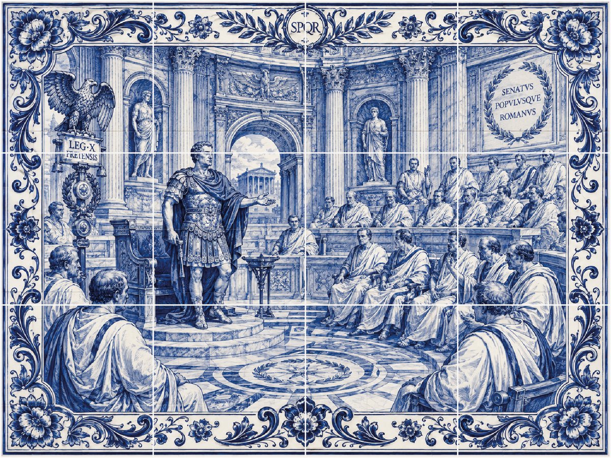 Delfts Blauw fotomozaïek Julius Caesar en Senaat (12 stickers) 15 x 15cm per sticker - tegelstickers - backsplash - peel and stick - plakfolie - voor badkamer, keuken of toilet - zelfklevend