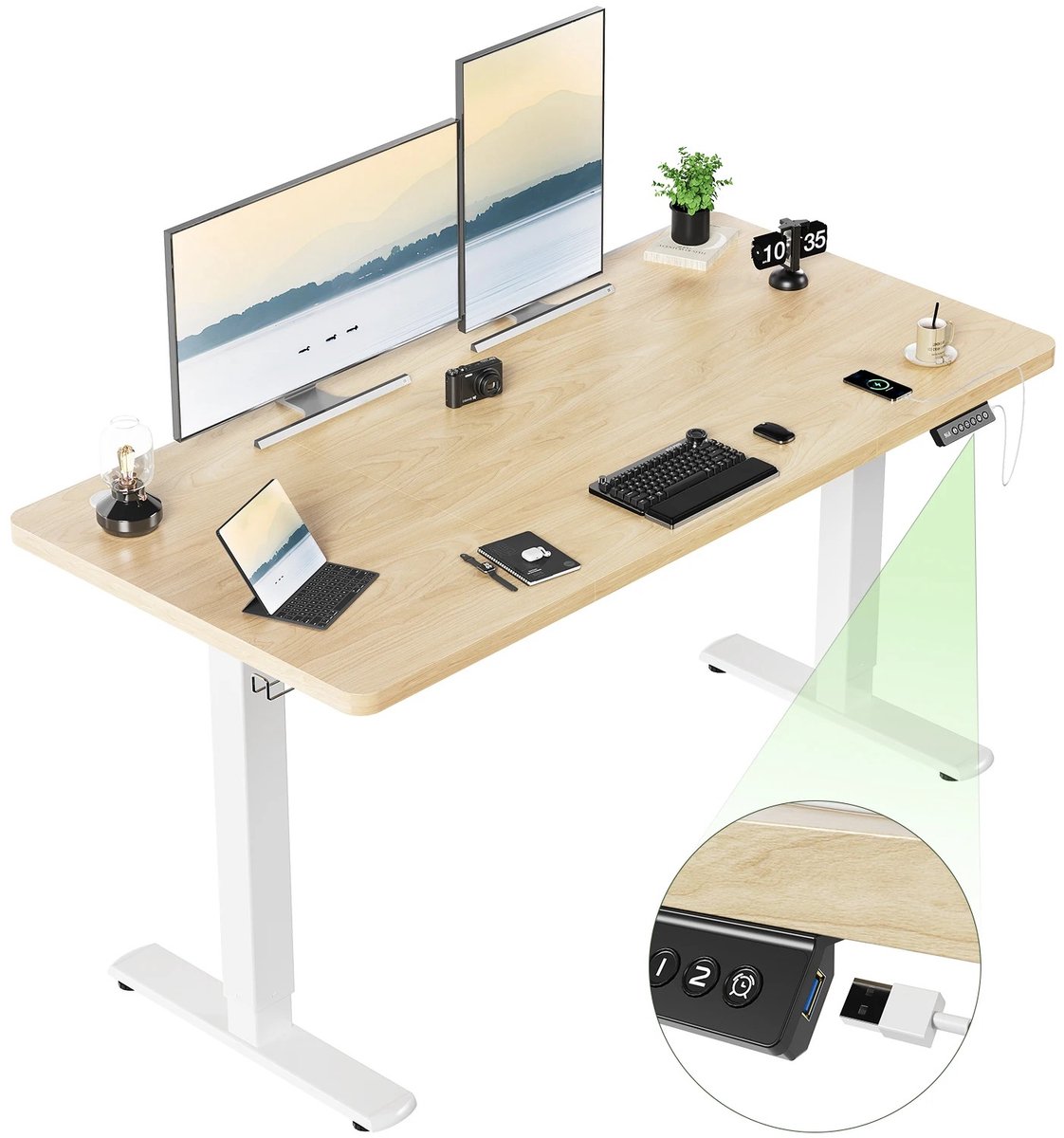 ITRONIQ Elektrisch Zit Sta Bureau - Verstelbaar Bureau Met Geheugenfunctie en USB - Hoogte 73-118 cm - Thuiskantoor - Eiken Wit