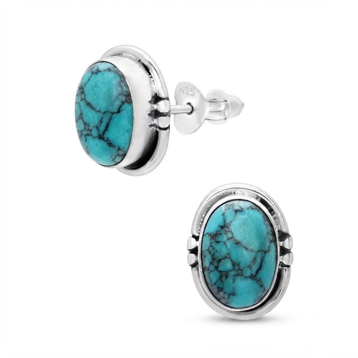 Zilveren Oorstekers -Turquoise – Dames Oorbellen - 925 Zilver – Natuursteen 9 x 7 mm