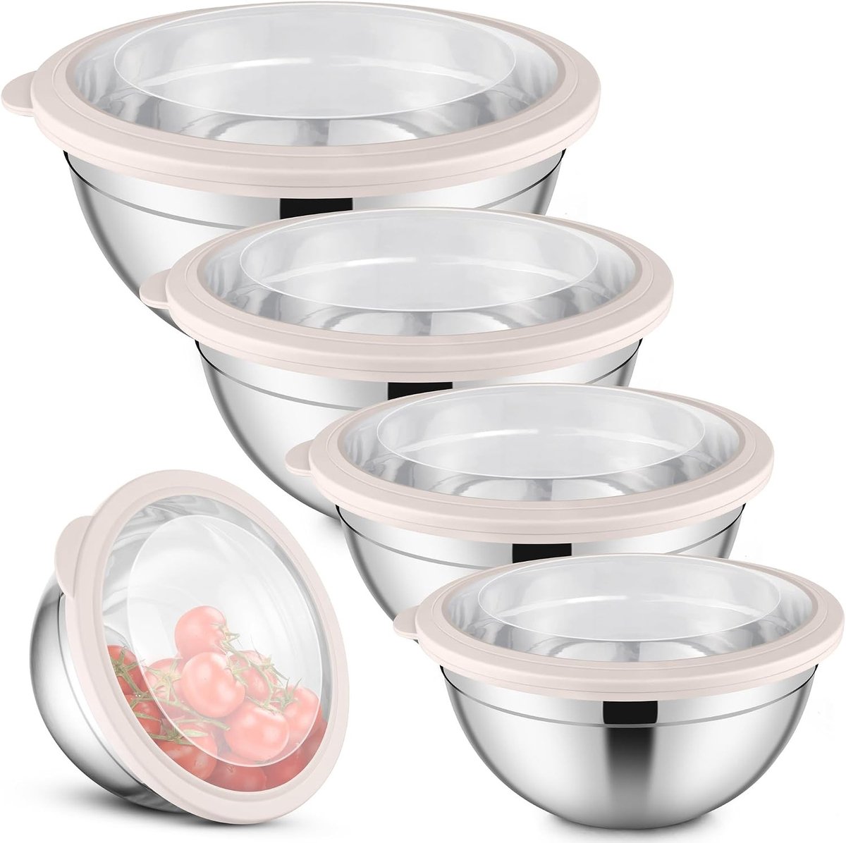 5-delige roestvrijstalen mengkom set met transparante deksel, ideaal voor bakken en serveren, stapelbaar en vaatwasserbestendig, 4.5L/2.7L/1.5L/1.2L/0.7L, perfect voor salades en maaltijden