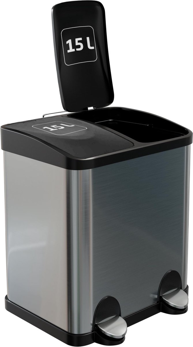 SnelShoppen - Dubbele afvalbak met pedalen 30 liter - 2 compartimenten van 15 liter - Roestvrij staal - Vingerafdrukbestendig - Modern design - Keuken