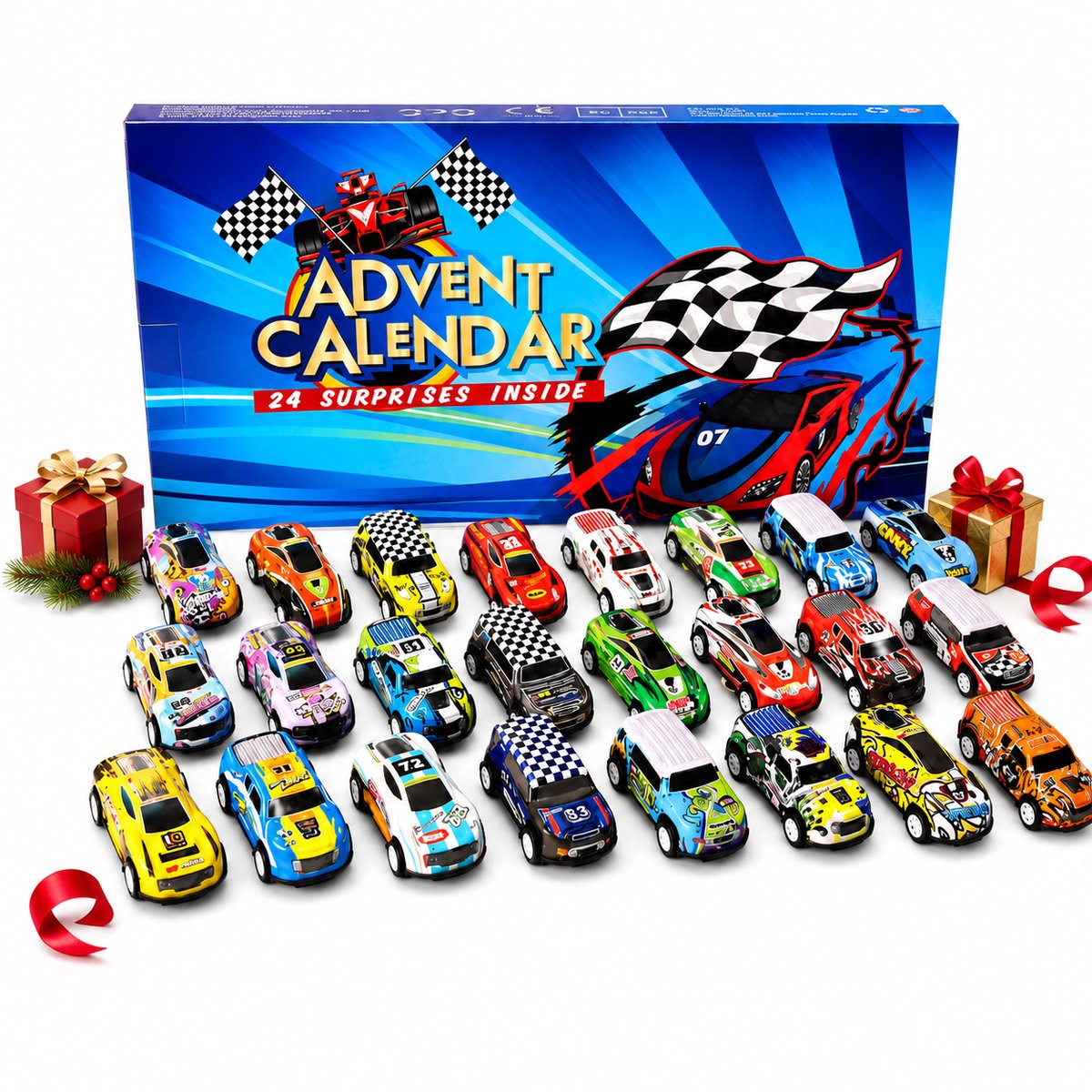 Jojoy - Auto Adventskalender - Kerstkalender met 24 Mini Auto's - Adventskalender Speelgoed - Raceauto's - 24 Verrassingen - Cadeau voor Jongens en Meisjes - TURBOVENT
