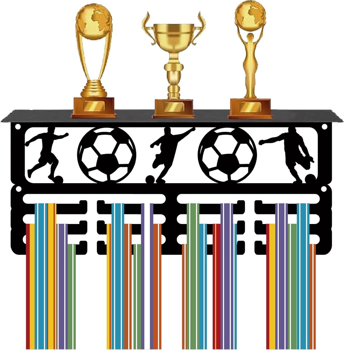 Voetbaltrofee plank met 12 haken voor medailles, wandmontage sportdisplay en trofeeënhouder voor gymnastiekprijzen en awards