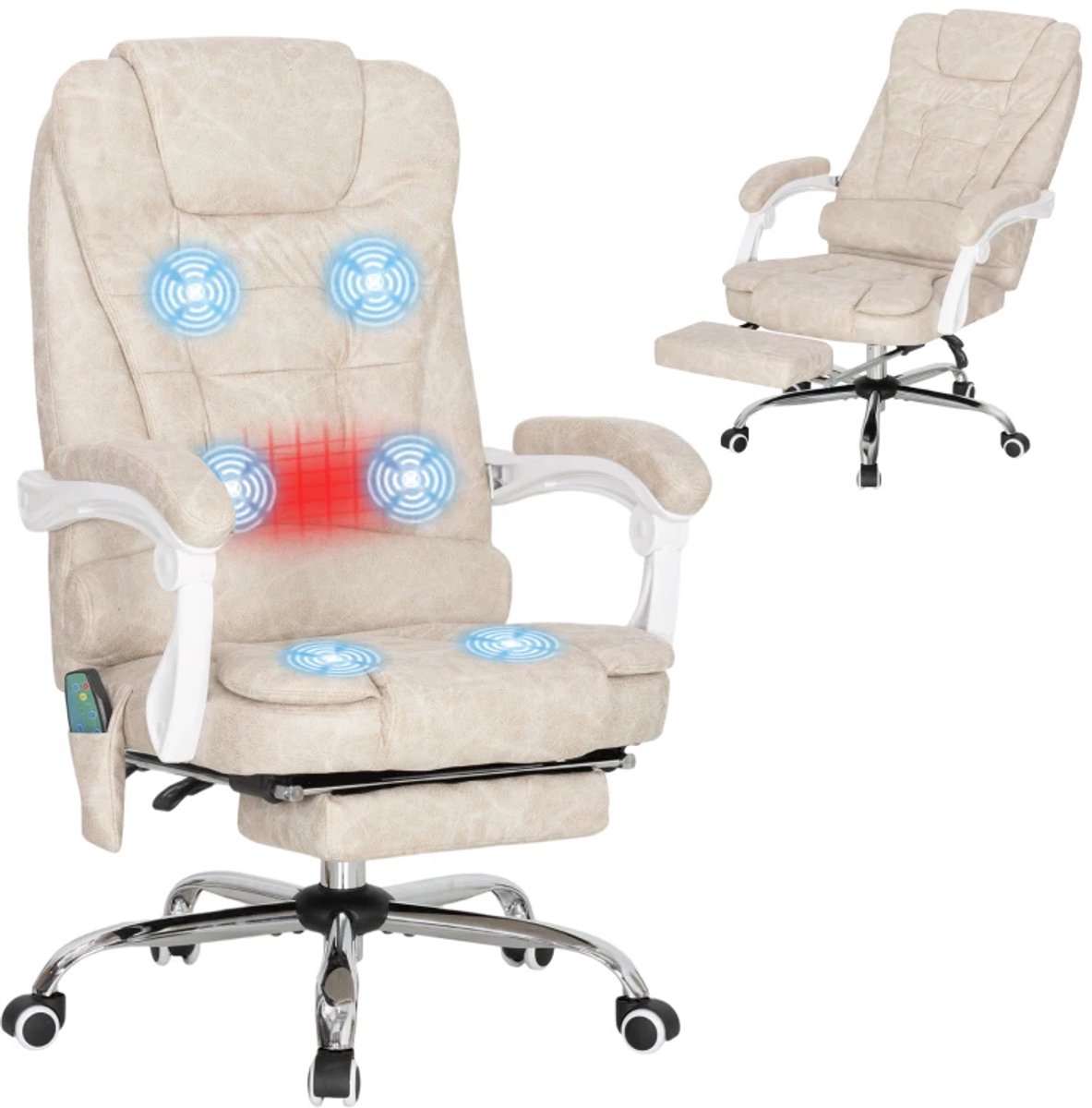Ergonomische Bureaustoel met 6 Massagepunten - Massagestoel - In Hoogte Verstelbaar - 360° Draaibaar - 135° Kantelbare Rugleuning - met Voetensteun & Verwarmingsfunctie - Kantoorstoel - Gamestoel - Volwassenen Stoel - Computerstoel - Crèmewit