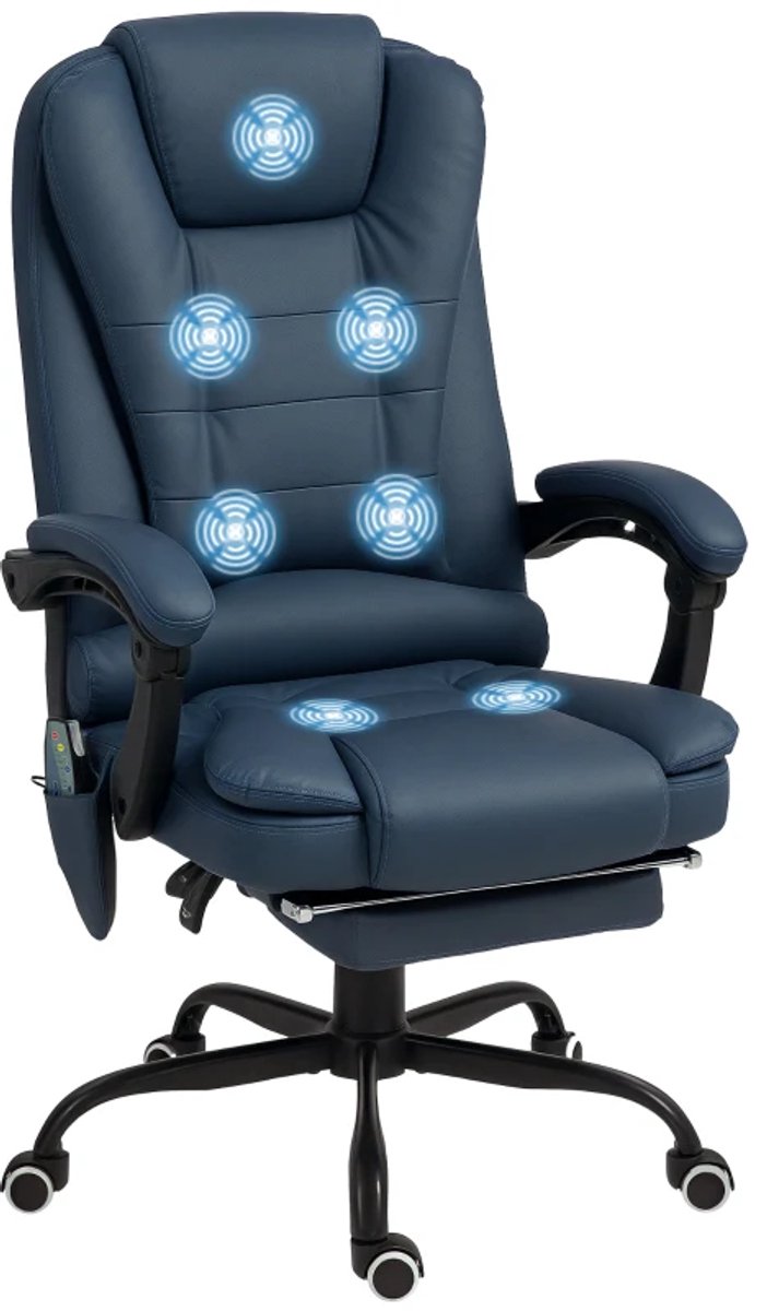 Ergonomische Bureaustoel met 7 Massagepunten - Massagestoel - In Hoogte Verstelbaar - 360° Draaibaar - 90-155° Kantelbare Rugleuning - met Voetensteun - Kantoorstoel - Gamestoel - Volwassenen Stoel - Computerstoel - Blauw