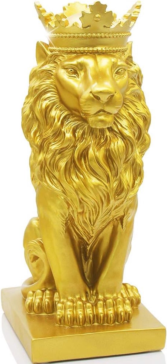 Leeuw Standbeeld - Hars Sculptuur - Woonkamer Decoratie - Abstracte Kunst - 35 cm Hoog - Goud