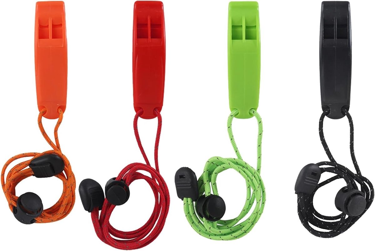 Set van 4 Noodfluitjes met Verstelbare Reflecterende Koord voor Buitenactiviteiten, Hiking en Kamperen