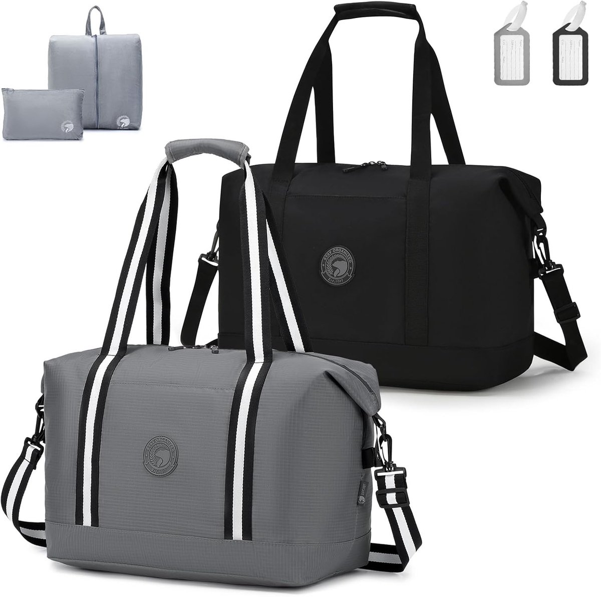 30L Reistas Handbagage 40x30x25 Sporttas voor Mannen en Vrouwen Waterdichte Weekendtas Lichtgewicht Duffle Bag Fitness Tas met Toilettas en Schoenentas, zwart+grijs