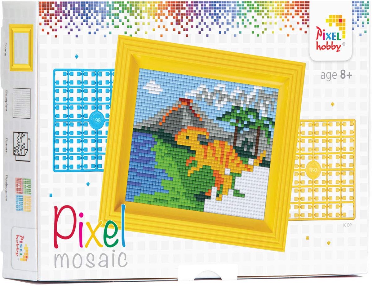 SnelShoppen - Mozaïek Geschenkdoos Dinosaurus - Pixelafbeelding met Kader - Eenvoudig Insteeksysteem - Bioplastic Steentjes - Creatieve Hobby voor Kin