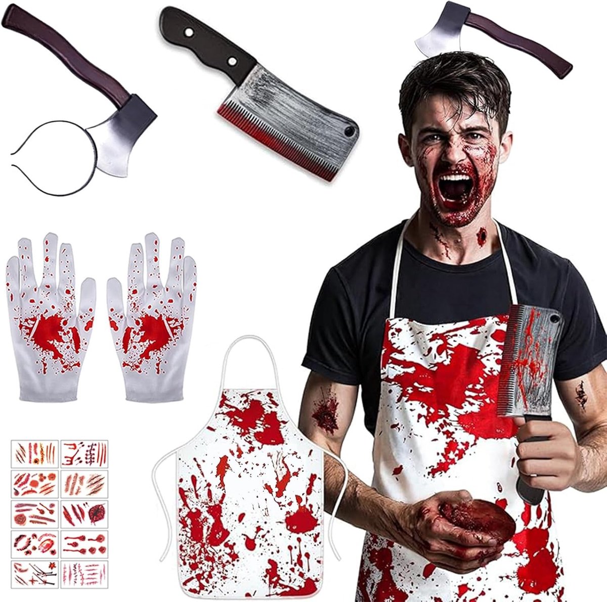 Horror Butcher Kostuum met Bloedige Schort, Bijl en Mes voor Halloween en Cosplay Feesten - Griezelen met Schrik Tattoos en Bloedige Handschoenen