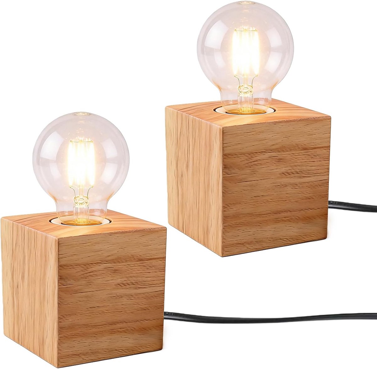 SnelShoppen - 2x Houten Lampenvoet E27, Tafellamp met Kabelschakelaar, Nachlampje voor Slaapkamer, Kantoor, Café, Bar, Houten Kubus, Moderne Verlichti