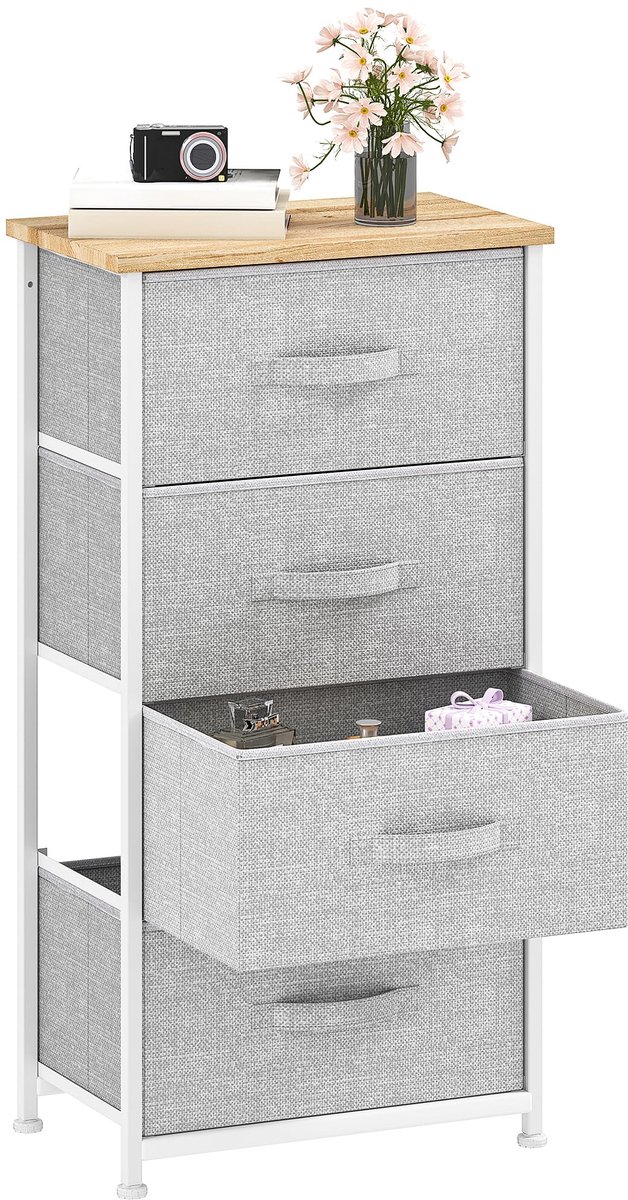 SnelShoppen - Lichtgrijze Commode met 4 Stoffen Laden, Dressoir voor Slaapkamer en Woonkamer, Houten Bovenkant en Stalen Frame met Handgrepen