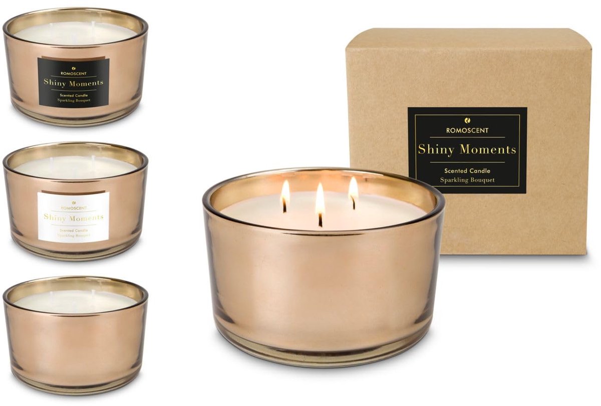 SnelShoppen - XXL Aromakaars met 3 Lonten in Edel Rosé Glas - ROMOSCENT Shiny Moments - Luxe Geurkaars voor Feest, Ontspanning en Decoratie - Afmeting