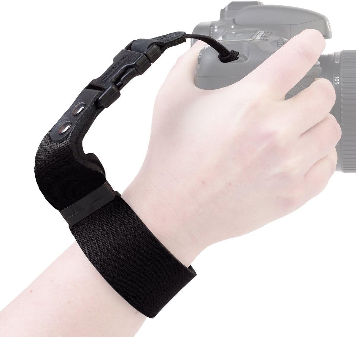 SnelShoppen - Zwarte SLR Polsband voor Camera - Neopreen, Flexibel, Met Stopper, Geschikt voor Kleinere SLR's en Verrekijkers