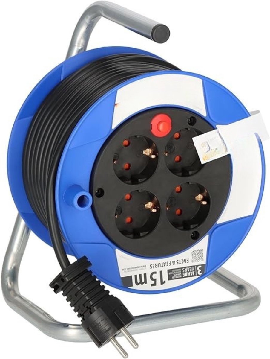 Verte Haspel Verlengsnoer - Compacte Kabelhaspel – H05VV-F Verlengkabel 3G1,5 mm² – Voor Binnengebruik - IP20 – Robuuste Kunststof Kabelhaspel – Zwart – 15 M