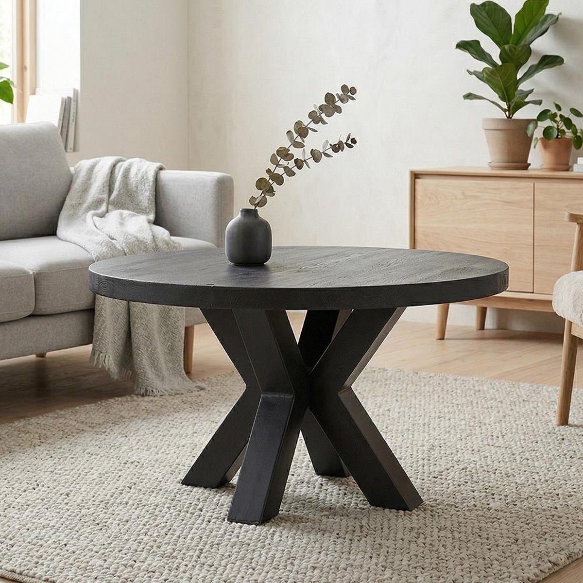 Mangohouten Salontafel Glendale Black 90 cm Mahom Industrieel - Kleine tafel van Mangohout & Metaal - Industriële Huiskamertafel