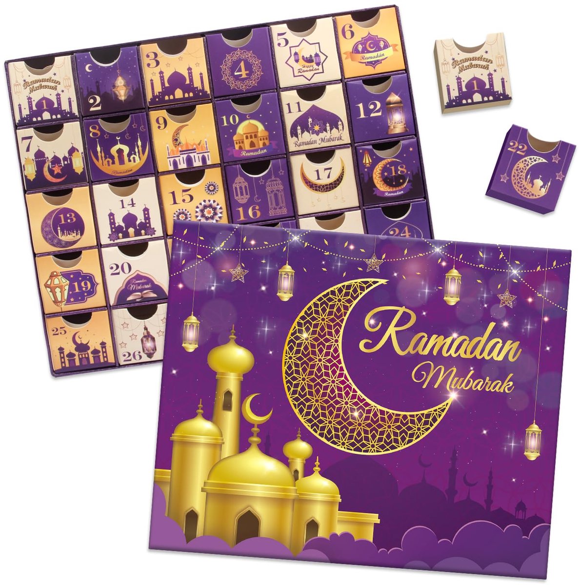 SnelShoppen - Ramadan adventskalender met 30 lege dozen, vulbare cadeau voor Eid Mubarak, kartonnen opbergdoos in paars, Ramazan feestartikelen voor 3