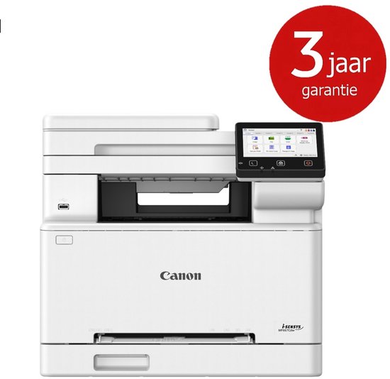 Witte Canon i-SENSYS printer met '3 jaar garantie' cirkel, touch screen en gesloten kleppen.