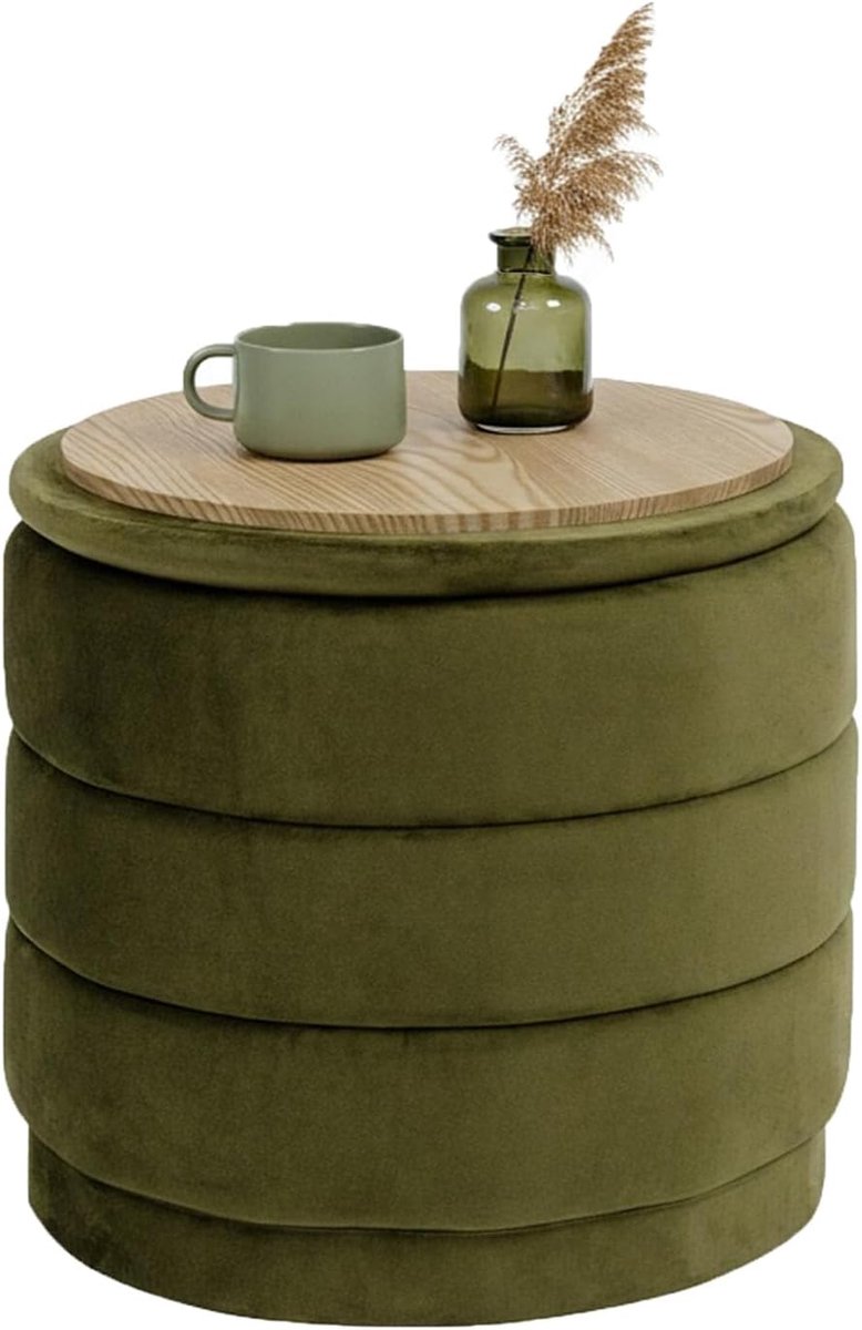 SnelShoppen - Ronde Voetenbank met Deksel, Inklapbare Voetensteun en Tafel, Fluweel Voetenbank voor Woonkamer, Slaapkamer en Hal, Olijfkleurig, 39 x 3