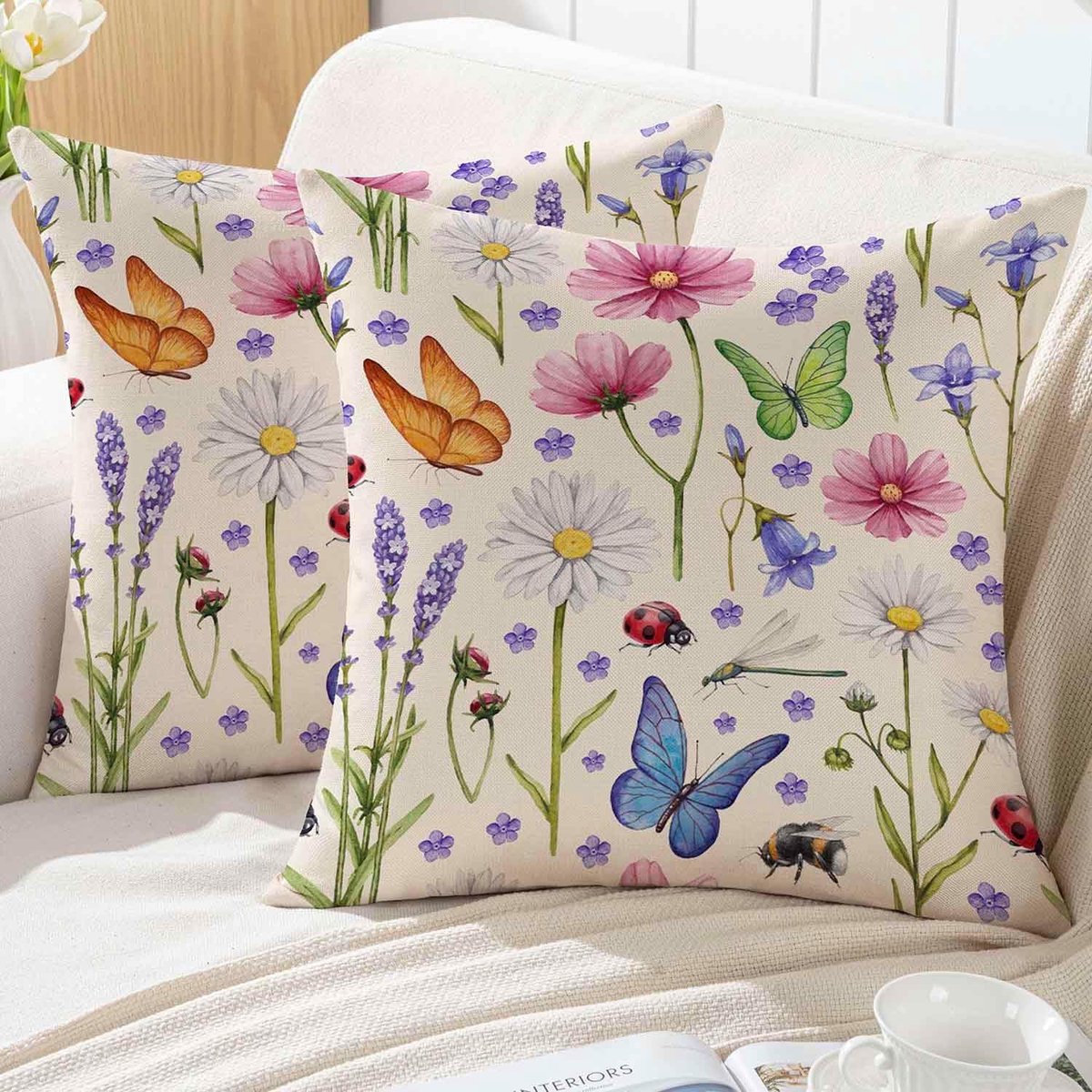 SnelShoppen - Lente Kussensloop 40 x 40 cm - Bloemenkussen Wit Roze Groen met Vlinders - Outdoor Kussenhoezen voor Tuin en Bank - Decoratief Sierkusse
