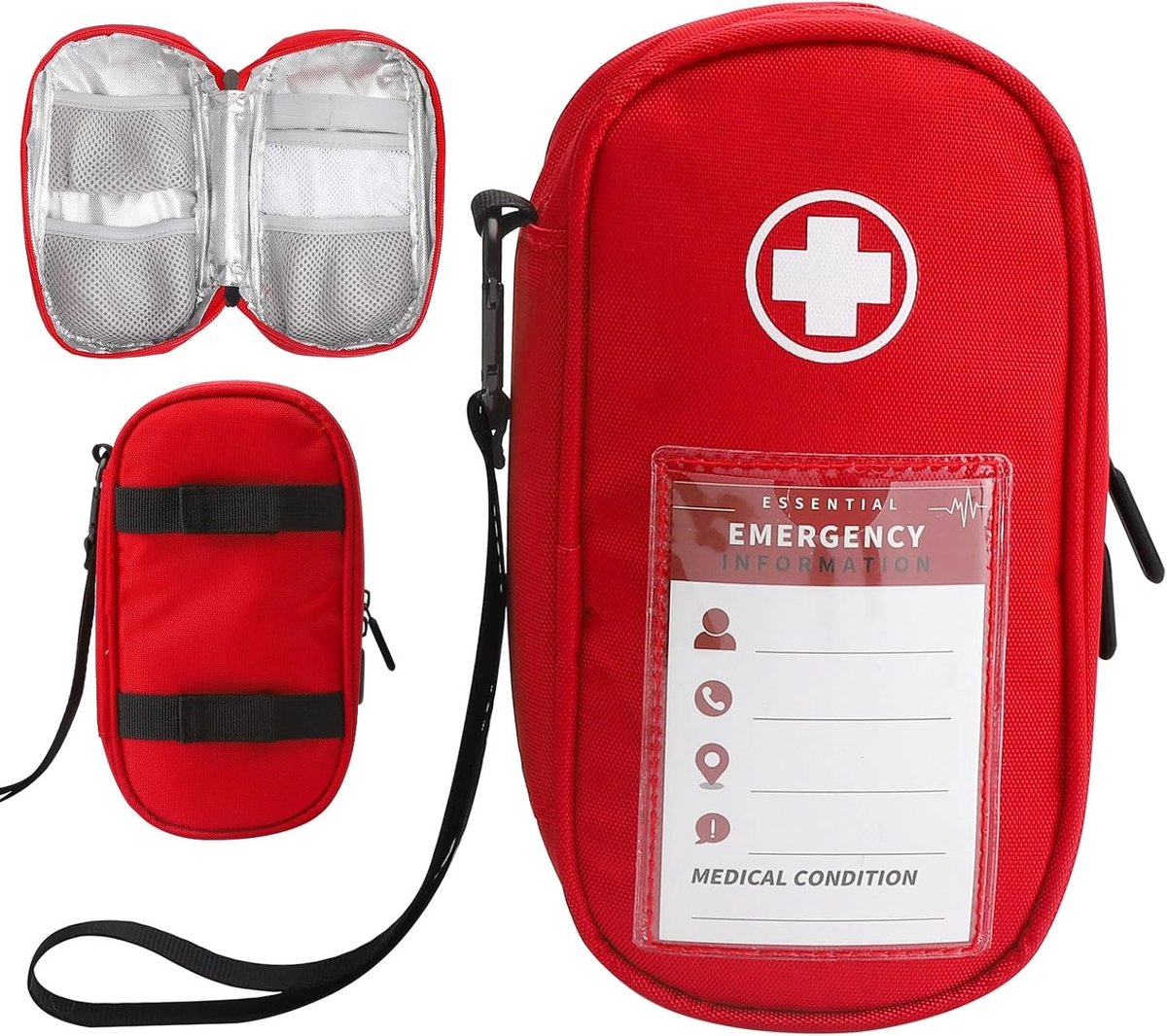 Medische Noodtas voor Reizen, Draagbare Geïsoleerde Medicijn Organizer voor EpiPen, Insuline en Astma-inhalers, Inclusief Noodcontactkaart en Koelruimte, Rood Reisapotheek