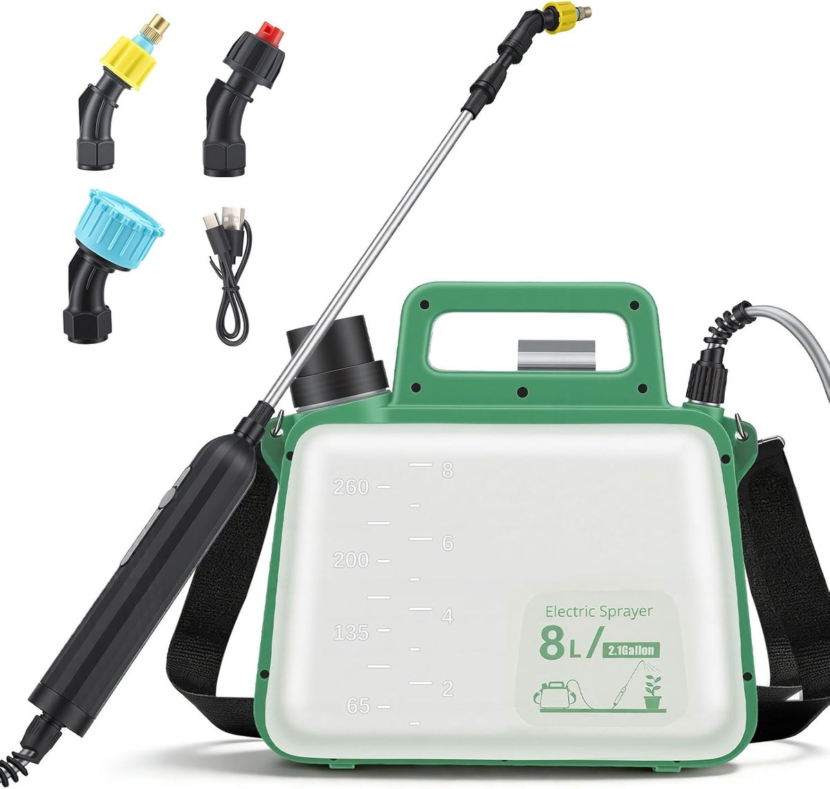 SnelShoppen - Elektrische drukspuit 8 liter met 4-in-1 mondstuk, USB-oplaadbaar, telescoopstang, schouderriem en schuimsproeier voor tuin, planten, on
