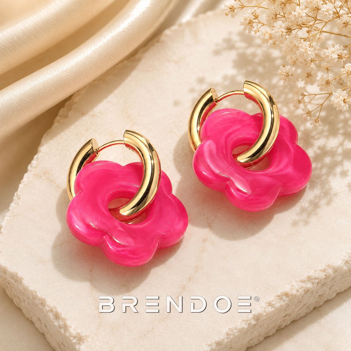 Brendoe Bloem Oorringen Roze – Goudkleurige Oorbellen met Afneembare Acryl Bloem – Dames