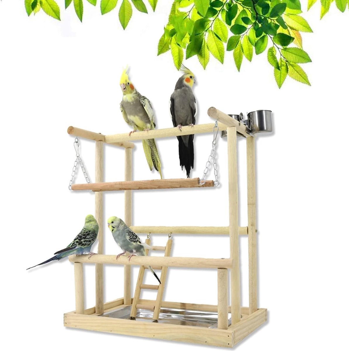Houten Speelstand voor Papegaaien met RVS Voederbakken, Schommel, Perch en Ladder - Ideaal voor Parkieten, 45 x 40 cm
