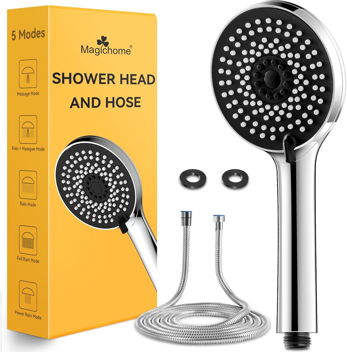 SnelShoppen - Magichome Douchekop met Slang 2 m, Hoge Druk Waterbesparende Handdouche en Regendouche met 5 Straalsoorten, Drukverhoging, Perfect voor