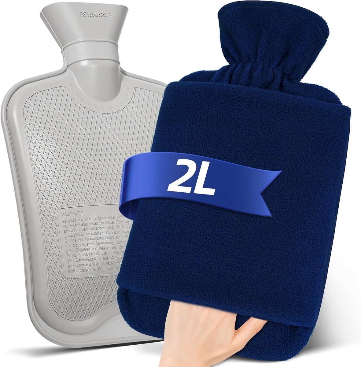 SnelShoppen - Fleece Lined Hot Water Bottle 2L - Grote Levensduur Lekvrij - Zachte Warmwaterkruik met Kangaroo Pocket - Natuurrubber - Geschikt voor K