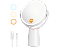 SnelShoppen - Auxmir Make-upspiegel met Verlichting, 30x Vergroting, Dimbare Touchfunctie, 3 Lichtkleuren, USB-Oplaadbaar, 360 Graden Draaibaar, Tafel